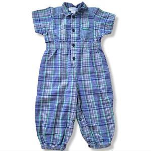 Vintage USA made blue green plaid short-sleeved jumpsuit